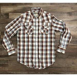 Red Snap Mens Large Brown & Blue Plaid Long Sleeve Button Up Shirt